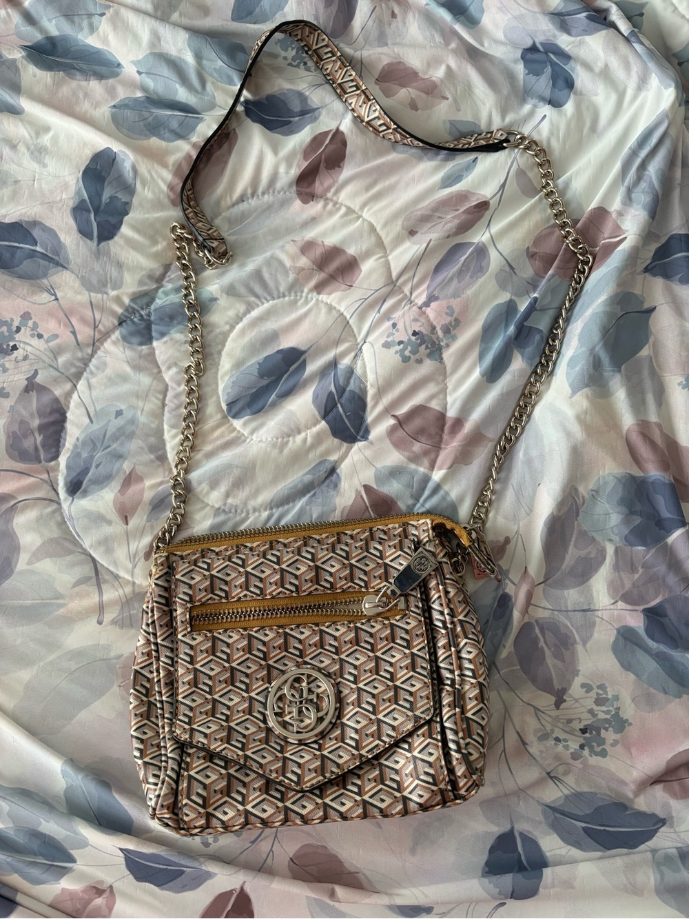 Guess Beige and Brown Logo Crossbody with Gold Chain Strap